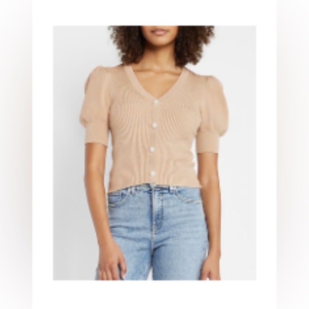 Express Puff Sleeve Sweater with faux pearl buttons